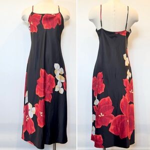 🔥Natori Silky Satin Ginza Gown Bold Black Red Midi Tropical Floral Slip Dress M